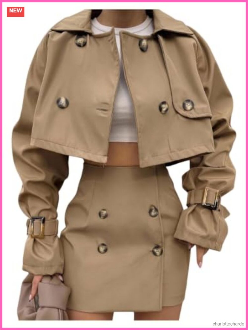 Cropped Trench Coat Long Sleeve Flare Cuff Double Breasted Fall Winter